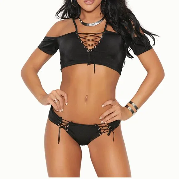 Off The Shoulder Cami & Booty Shorts Set Black 2 Piece Lace Up Lingerie - Picture 2 of 8